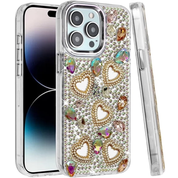 Phone Case for Apple iPhone 14 Pro Max Luxury Crystal Heart Rhinestone Diamond Bling Shockproof Hybrid Glitter Protective Stylish Durable Grip Cover MultiColor