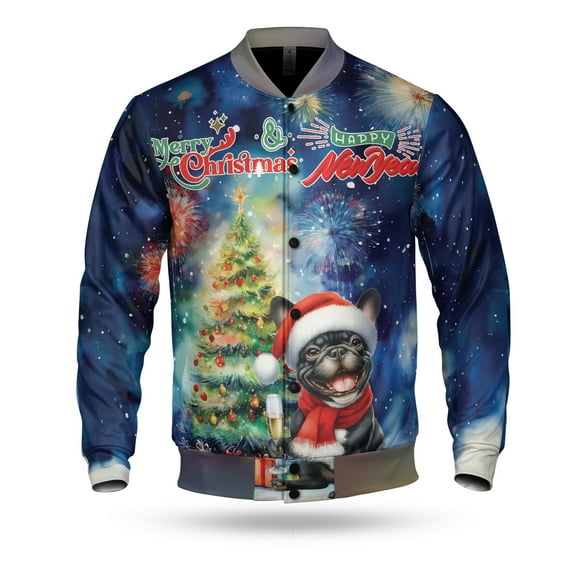 Merry Christmas and Happy New Year Santa French Bulldog Holiday Xmas Winter 2025 All Over Print 3D Baseball Jacket Dog Lover Gifts Bomber Jacket Softball - 00024