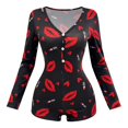 thumbnail image 4 of JIAYUE Women Bodysuit Pajamas Long Sleeve V Neck Button Front Cute Print Stretchy Loungewear Romper for Fall Themed Party, 4 of 6