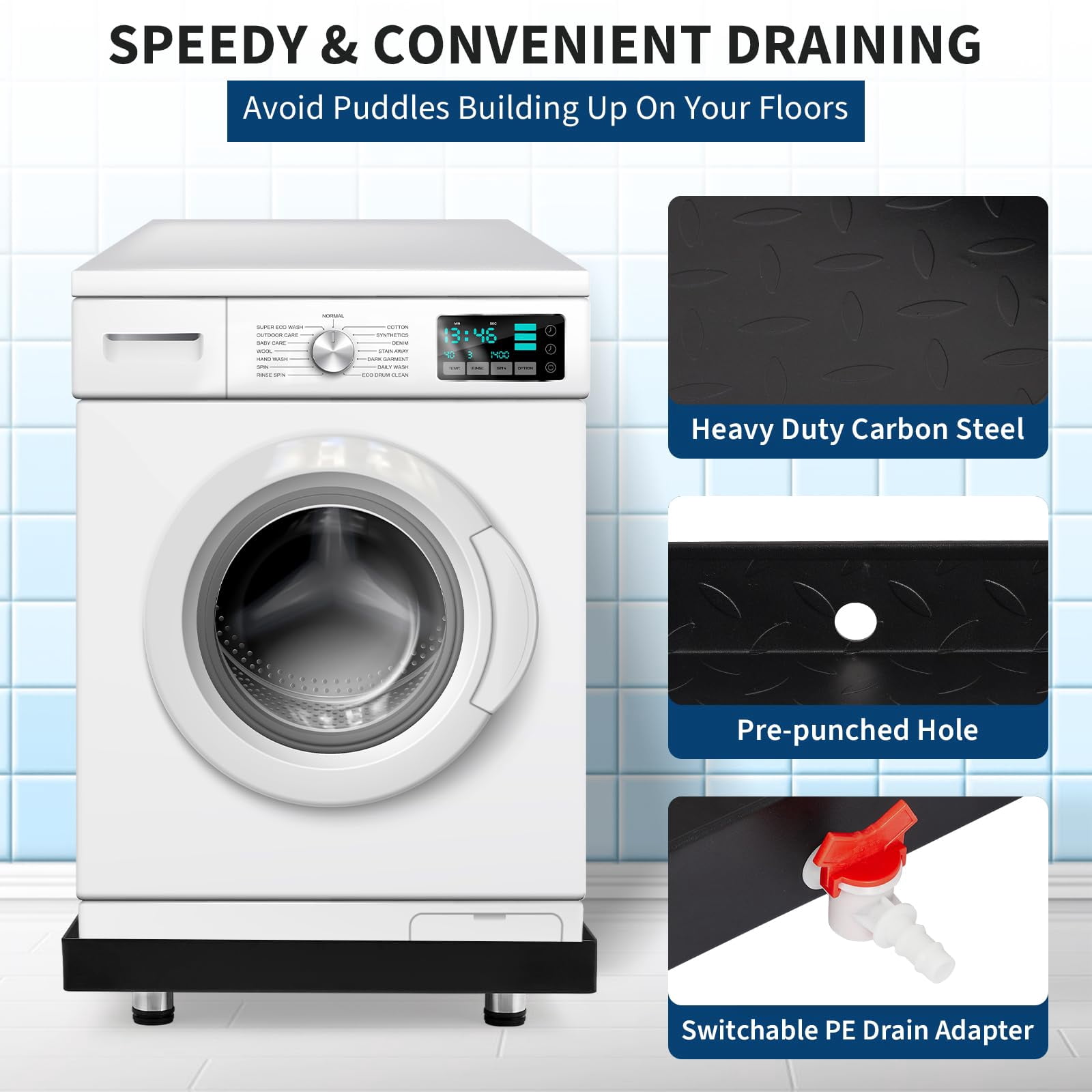 Accreate Heavy-Duty Carbon Steel Washing Machine Drain Pan, with Waterproof Tape, Outlet Switch, Drain Hole, Hose Adapter, Rust-Proof Leak Protection