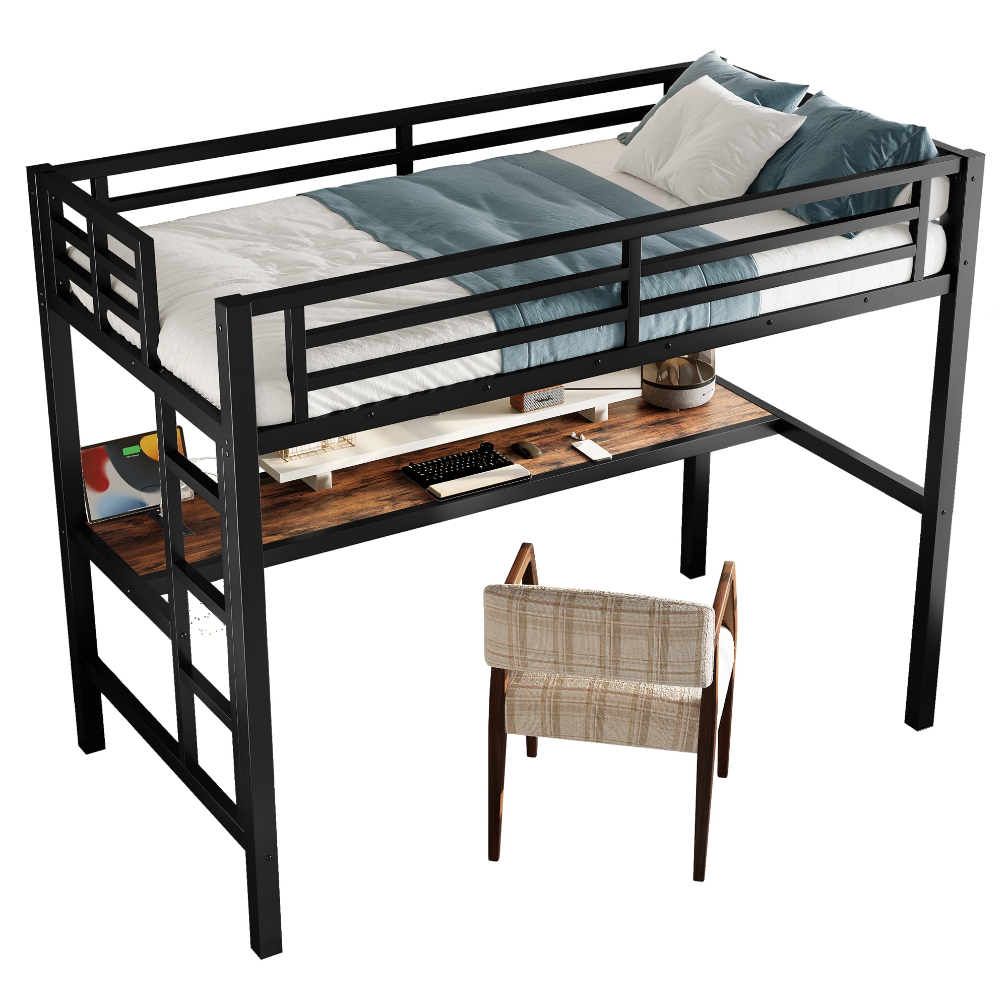 Leumius Twin Size Loft Bed,Metal Bed Frame with Power Outlet and LED Lighted,Space-Saving, Noise Reduced, Black