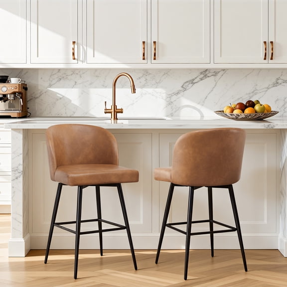 Spruce & Spring Counter Height Swivel Barstool with Metal Legs Set of 2, Cognac, Faux Leather