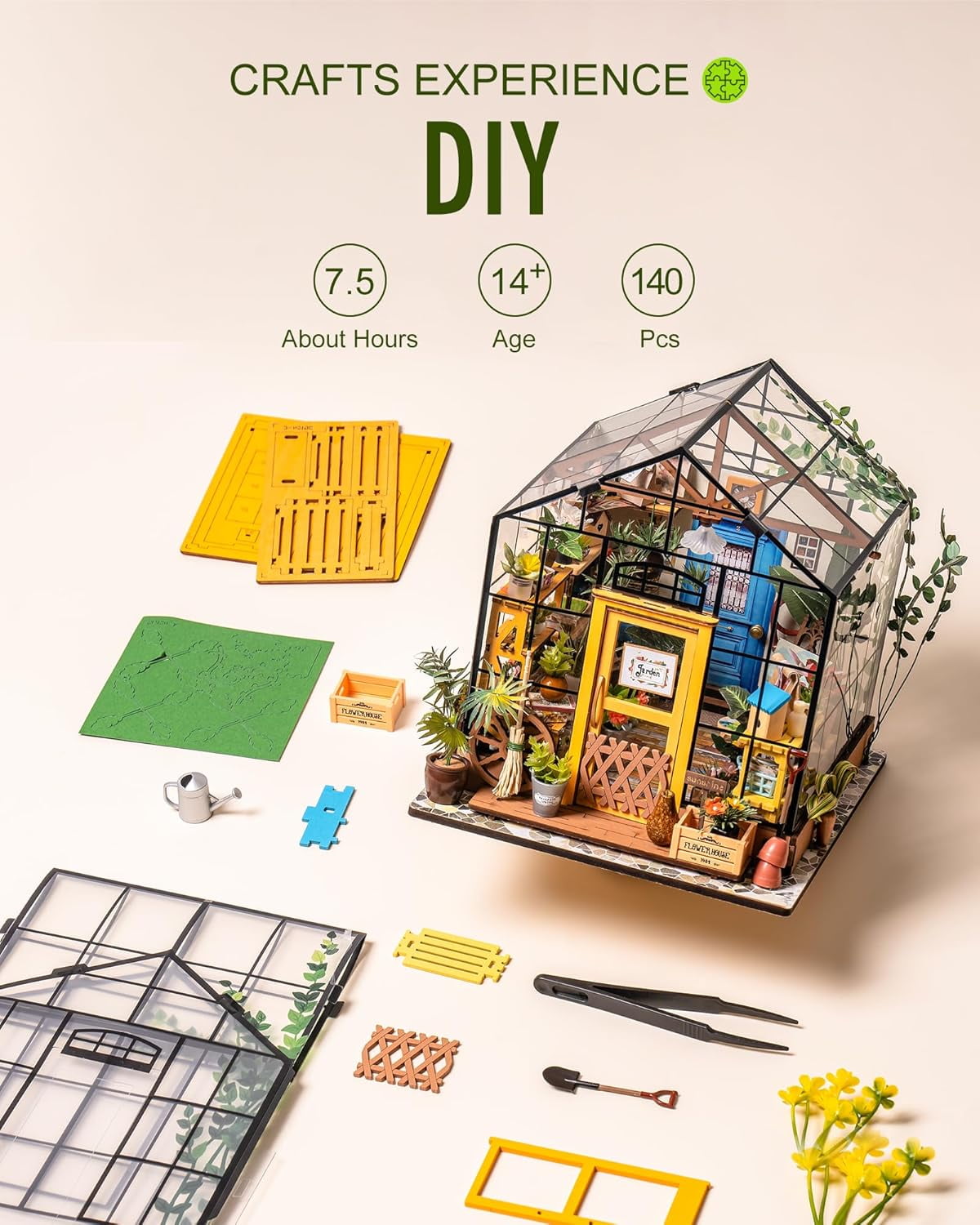 Rolife Cathy's Greenhouse DIY Miniature House Kit, Transparent Arch Greenhouse Model with Plants & Furniture for Adults, No-Glue Assembly Pre-Colored Wooden Craft Kit, Home Decor Gift for Plant Lover