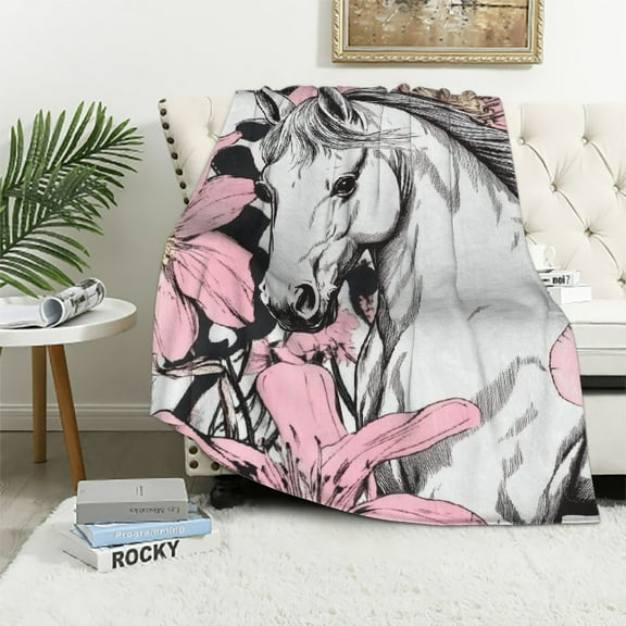 BCIIG Floral Horses Pink Cherry Blanket Throw Blanket Soft Fuzzy Travel Blanket for Bedroom Living Room Couch Office Car All Season Gift for Girls Boys Women Men  40x50in