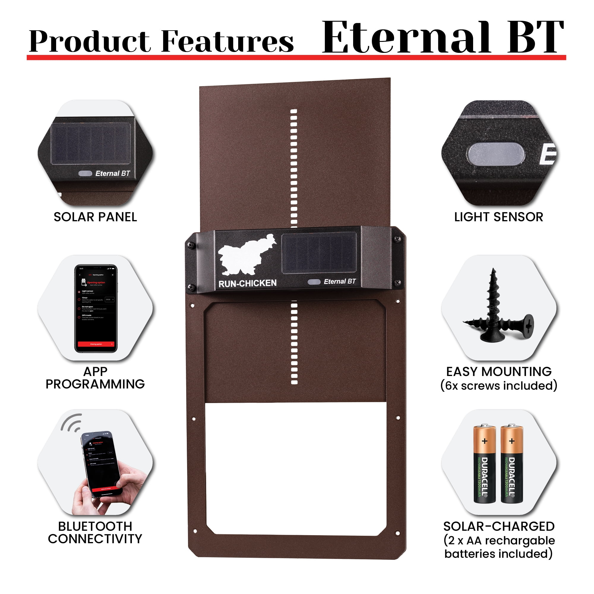 Eternal BT RUN-CHICKEN Door – Solar-Powered Automatic Coop Door with Bluetooth Control (Brown)