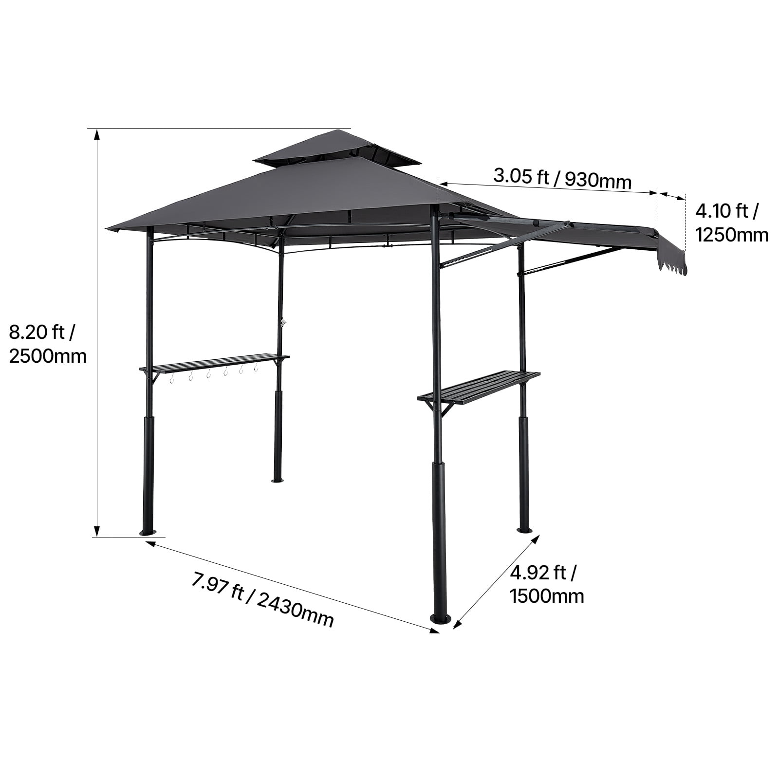 KFFKFF 8 x 5 ft Grill Gazebo with Double-Tier Roof, BBQ Shelter with Awning, Steel Frame, Side Shelves, Bottle Opener & Hooks, Outdoor Canopy for Patio or Garden