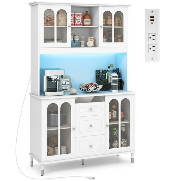 Gymax 73'' Tall Kitchen Pantry Storage Cabinet w/ LED Lights and Power Outlets