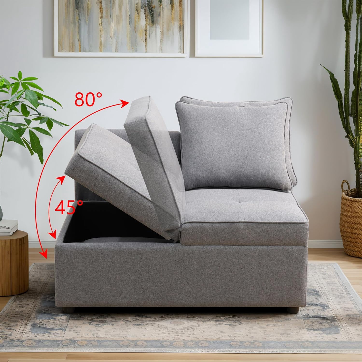 Convertible Ottoman Sofa with Storage, Modern Sackcloth Futon Couch with 2 Pillows or Home Living Room Dorms, Grey
