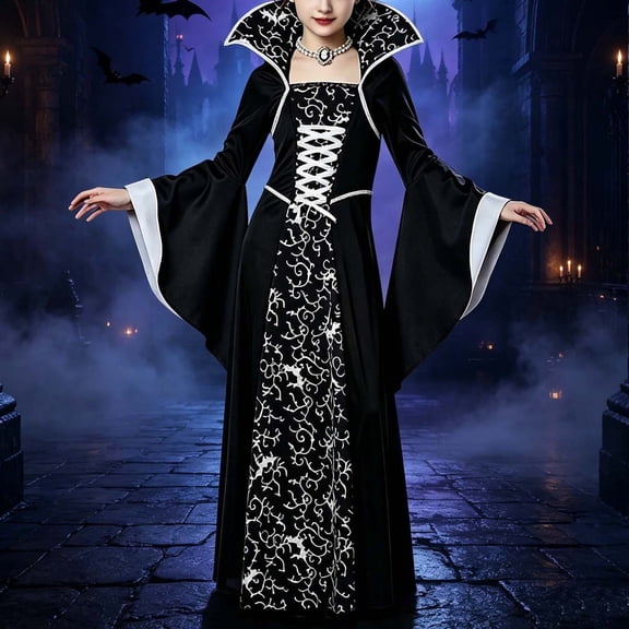 Girls Medieval Retro Princess Long Dresses Renaissance Costumes Stand-Collar Irregular Long Sleeves Witch Cosplay Outfit White 11-12 Years