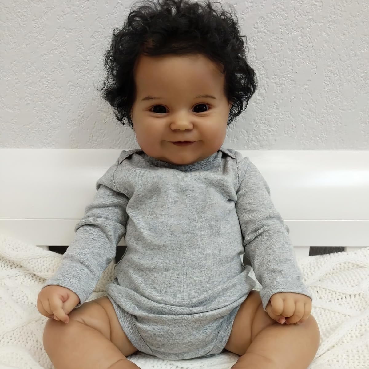 20 Inches Real Baby Size Sweet Smiling Rooted Curly Hair Lifelike African American Reborn Baby Doll Realistic Newborn Soft Cloth Body Dolls in Dark Brown Skin
