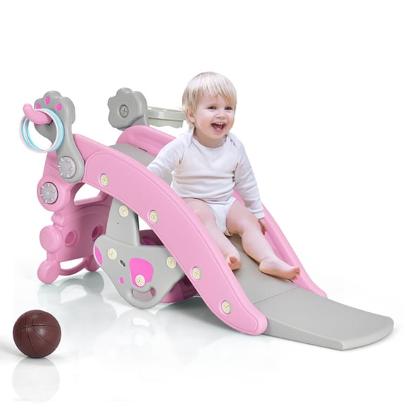 GVN Climber Playground Kids Rocking Slide,4-in-1 Rocking Horse and Slide Set for Kids-Pink