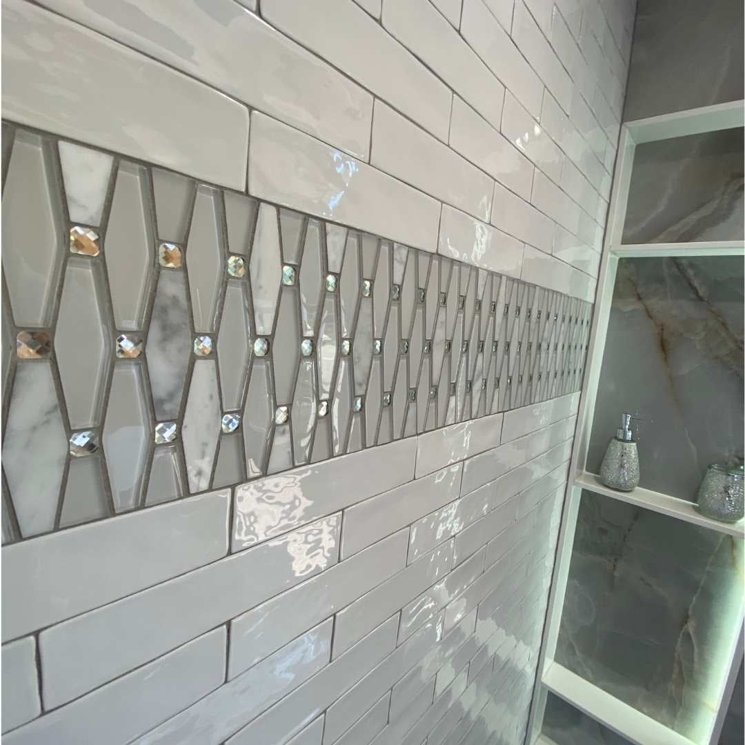 The Tile Life Carrara 12" x 12" Diamond White Polished Glass Mosaic Wall Tile, 1 Sheet