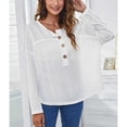 thumbnail image 3 of Blusa de mujer de manga larga con botones y hombros caídos, cuello redondo, moda informal, blusa blanca L, 3 of 7