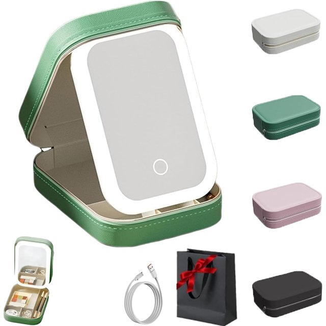 Rufenpurify/Frontaley Miroir de Maquillage de Voyage, Miroir de Maquillage LED Trois Couleurs Réglable, Miroir LED Portable avec Rangement, Boîte de Rangement avec Lumière et Miroir de Maquillage (Vert)