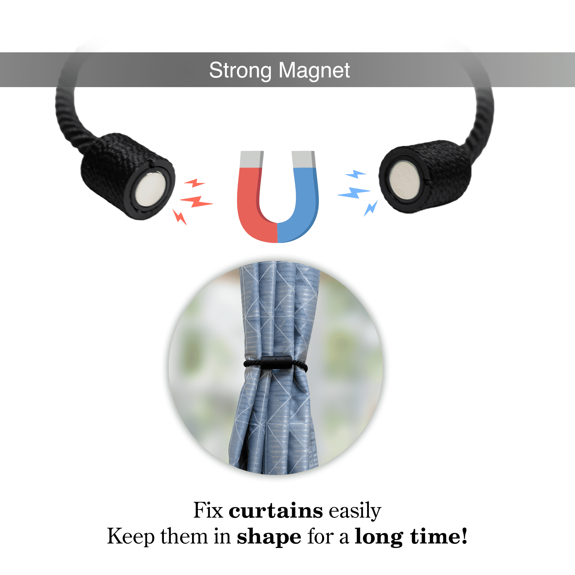 Mainstays 2-Pack Magnetic Tiebacks for Curtains, 17.5 Inch - Black