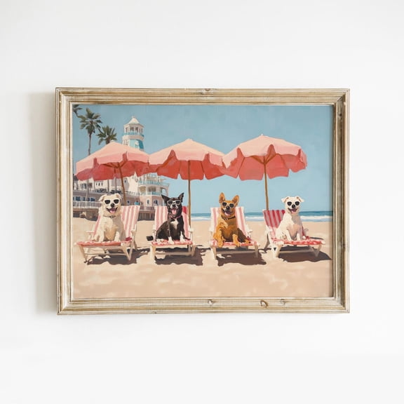 Dogs on the Beach Preppy Coastal Wall Art, Unframed Paper Print Size 8x12