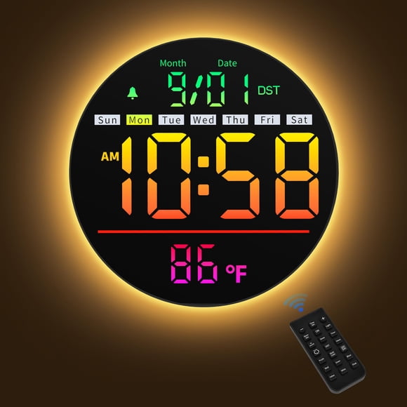 Reloj de pared Maxstar de 8" con temporizador LED RGB, alarma y temperatura