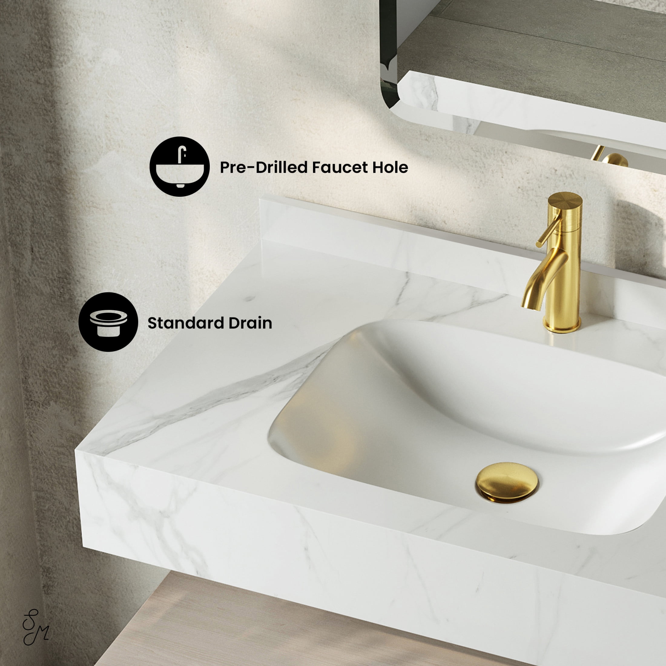 Avancer 36" Wall-Mounted Bathroom Vanity in White Oak with White Marble Sink Top