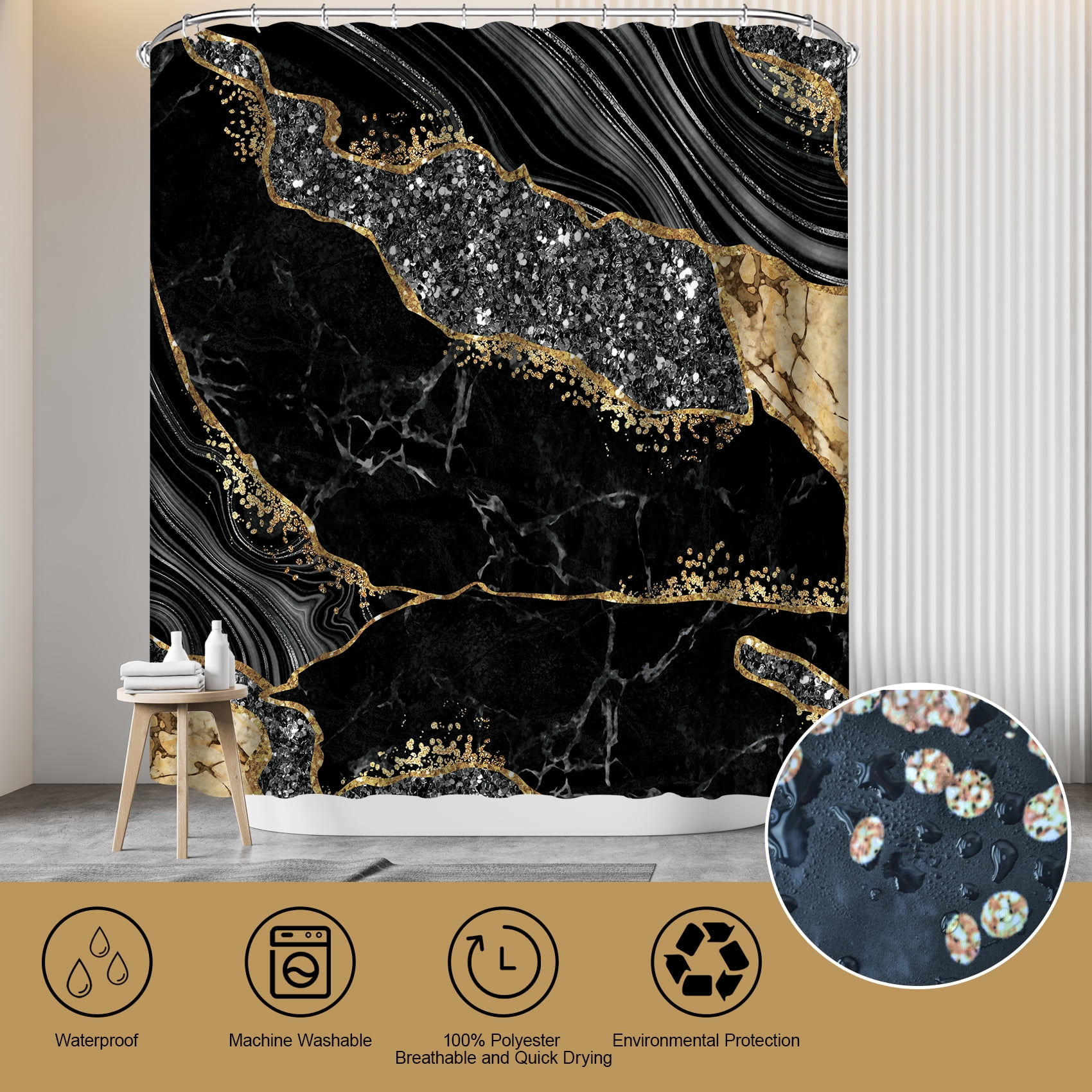 4PCS Marble Shower Curtain Sets, Modern Bathroom Sets with Shower Curtains, Toilet Lid Rug, Contour Mat and Bath Mat, Bathroom Decor Luxury Shower Curtain with 12 Hooks, 72 x 72 Inch, Black