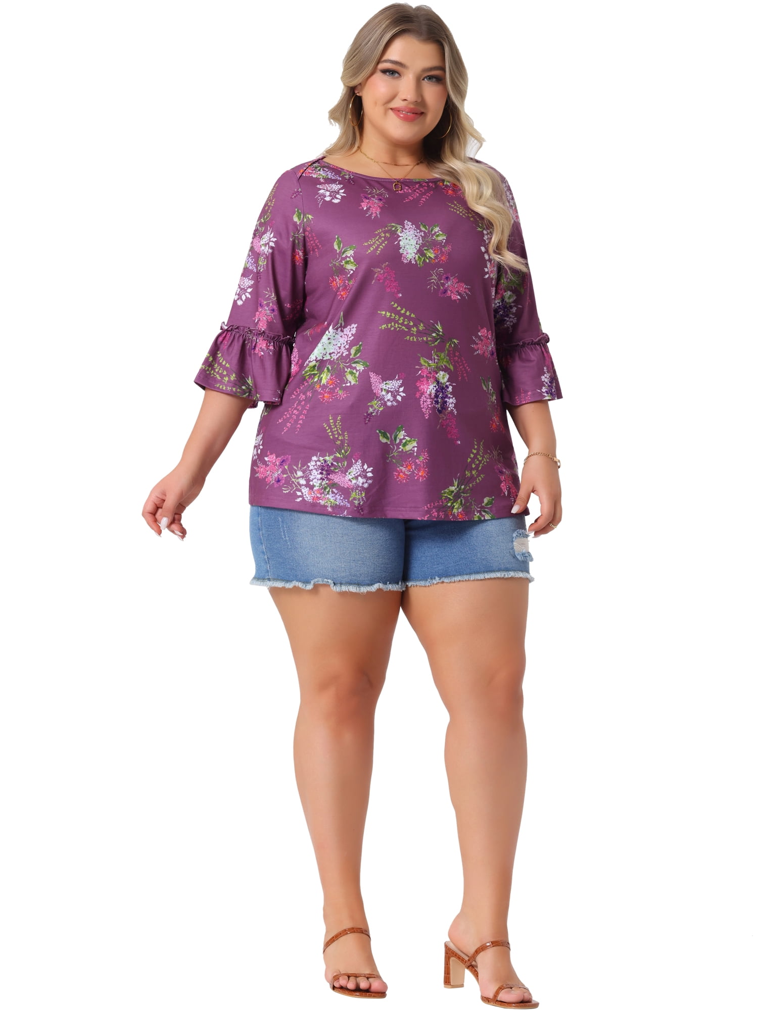DARING DIVA Women's Plus 3/4 Ruffle Sleeve Boat Neck Floral Top 2X Purple
