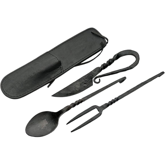 SZCO 3 Piece Feasting Set Fork Spoon Knife Carbon Steel Twist Handle with Leather Sheath Outdoor Dining Camping Set