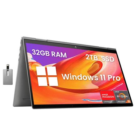 HP Envy x360 2-in-1 15.6" FHD Touchscreen Laptop, AMD Ryzen 5 7530U, 32GB RAM, 2TB PCIe SSD, Backlit Keyboard, 5MP IR Cam, 1 Year Office 365, Wi-Fi 6E, Win 11 Pro, Silver, 32GB Hotface USB Card