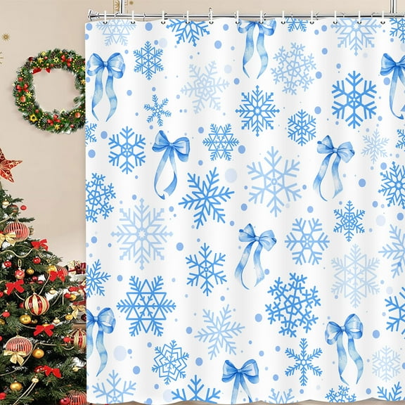 Snowflake Bow Shower Curtain, Cute Christmas Blue Christmas Winter Bowknots Dreamy Princess Bath Curtain, Girly Aesthetic Holiday Waterproof Shower Curtain Set with Hooks, 47X64in