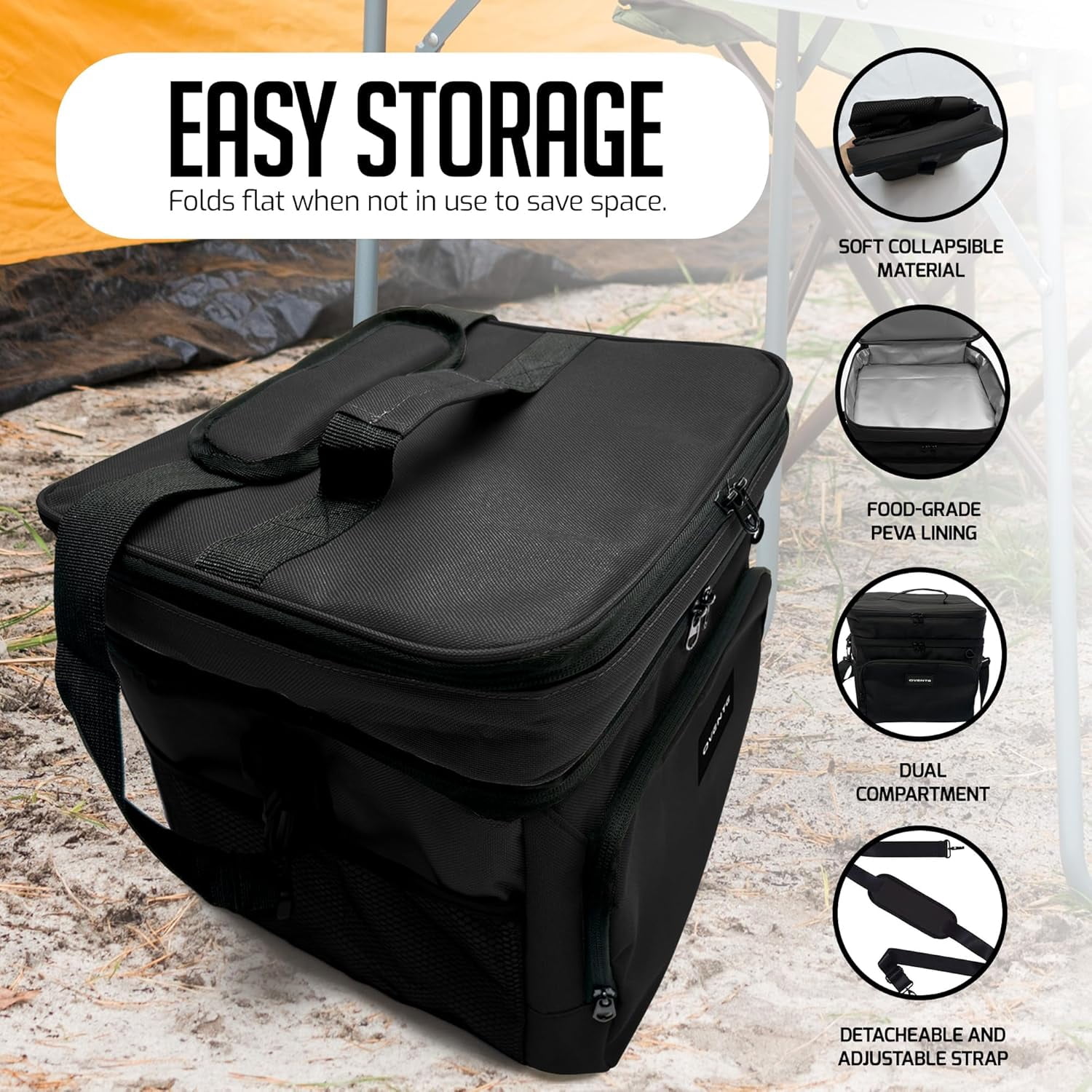 OVENTE Collapsible Soft Cooler Bag, Insulated Lunch Bag with Double-Deck Leakproof Compartments, Waterproof Exterior, Portable for Work, Travel, Beach, Camping and Road Trips, Black CCBI024B
