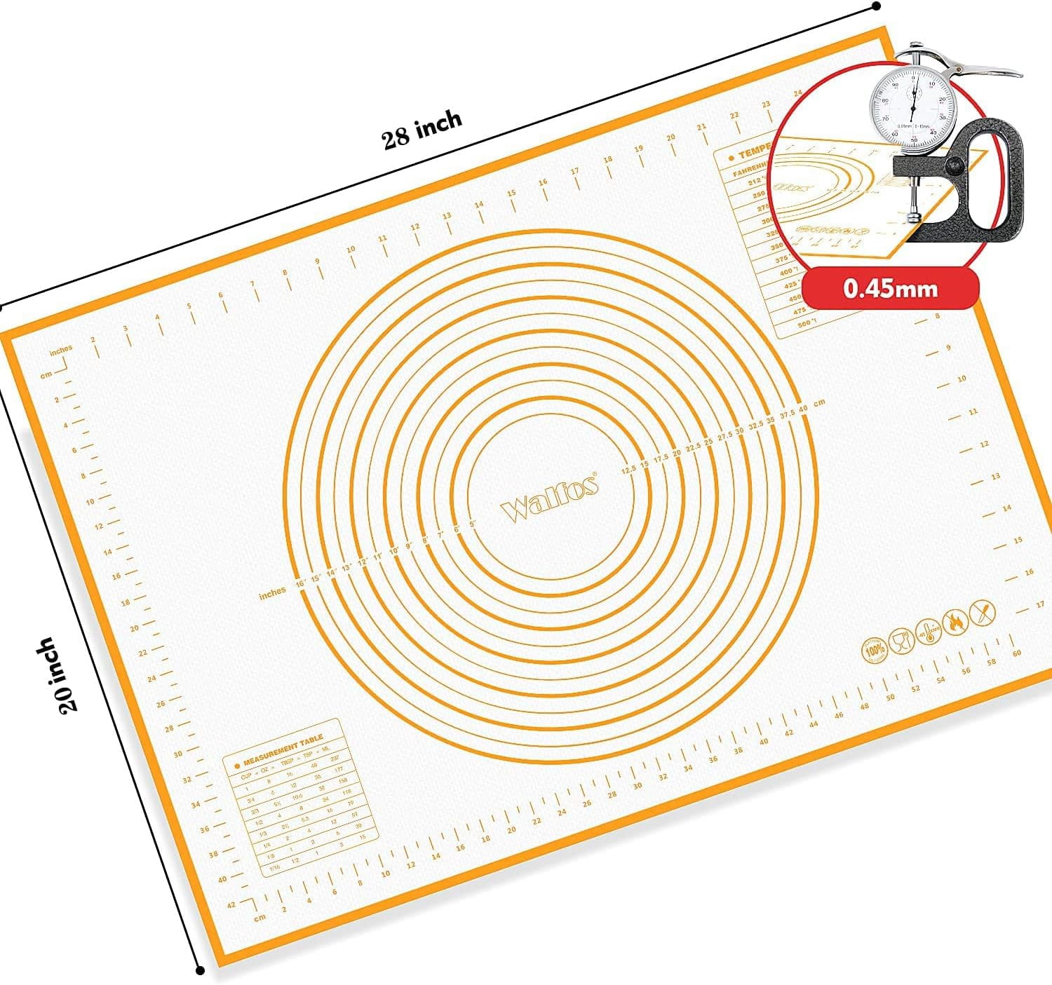Silicone Pastry Mat - Walfos Non-Stick Extra Large Fondant Pie Mat 28" by 20", Non-Slip Rolling Mat with Measurement, Perfect for Rolling Dough, Pizza, Cookie & Baking