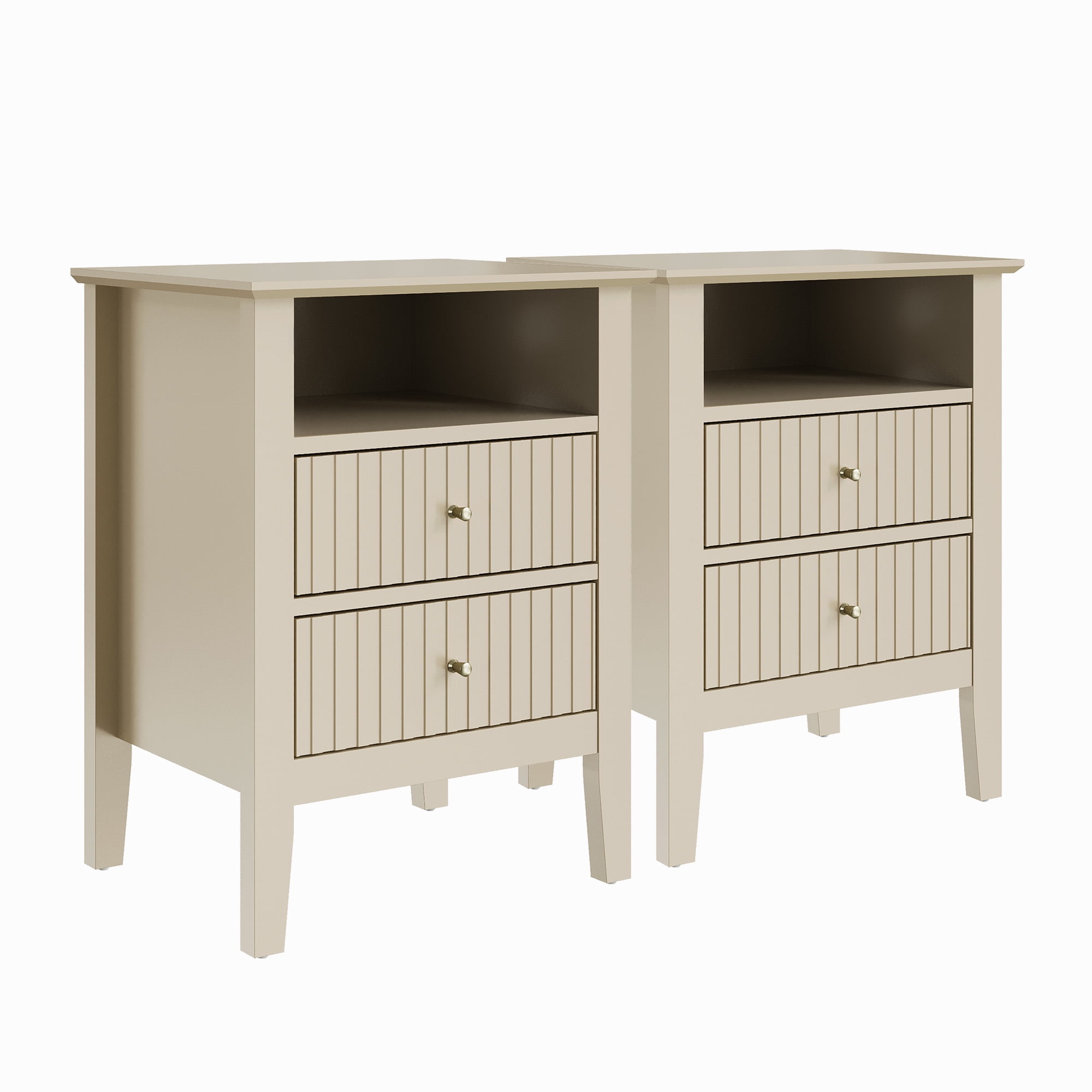 CozyHome Fluted Nightstand Set of 2, Modern Side Table with 2 Drawers & Storage Shelf, Wood End Table for Living Room, Bedroom, Beige