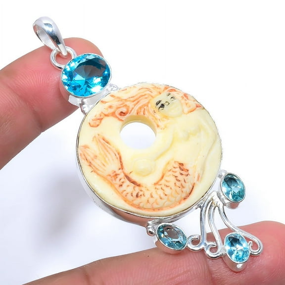Mermaid Clay & Blue Topaz 925 Sterling Silver Pendant 3.12" S2675, Christmas Gift, Gemstone Silver Jewelry, Clay Pendant, New Year Sale