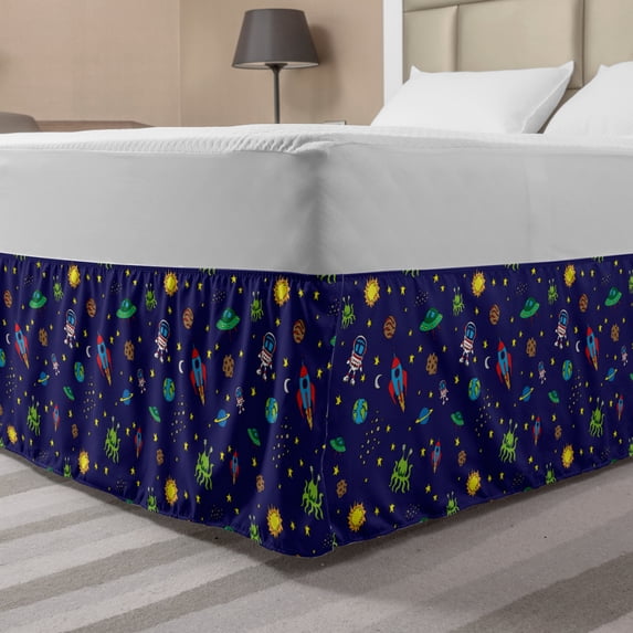 Space Bed Skirt, Doodle Style Cartoon Rocket Astronaut and UFO Alien Life Forms Earth Heavenly Bodies, Elastic Bedskirt Dust Ruffle Wrap Around for Bedding Decor, 4 Sizes, Multicolor, by Ambesonne