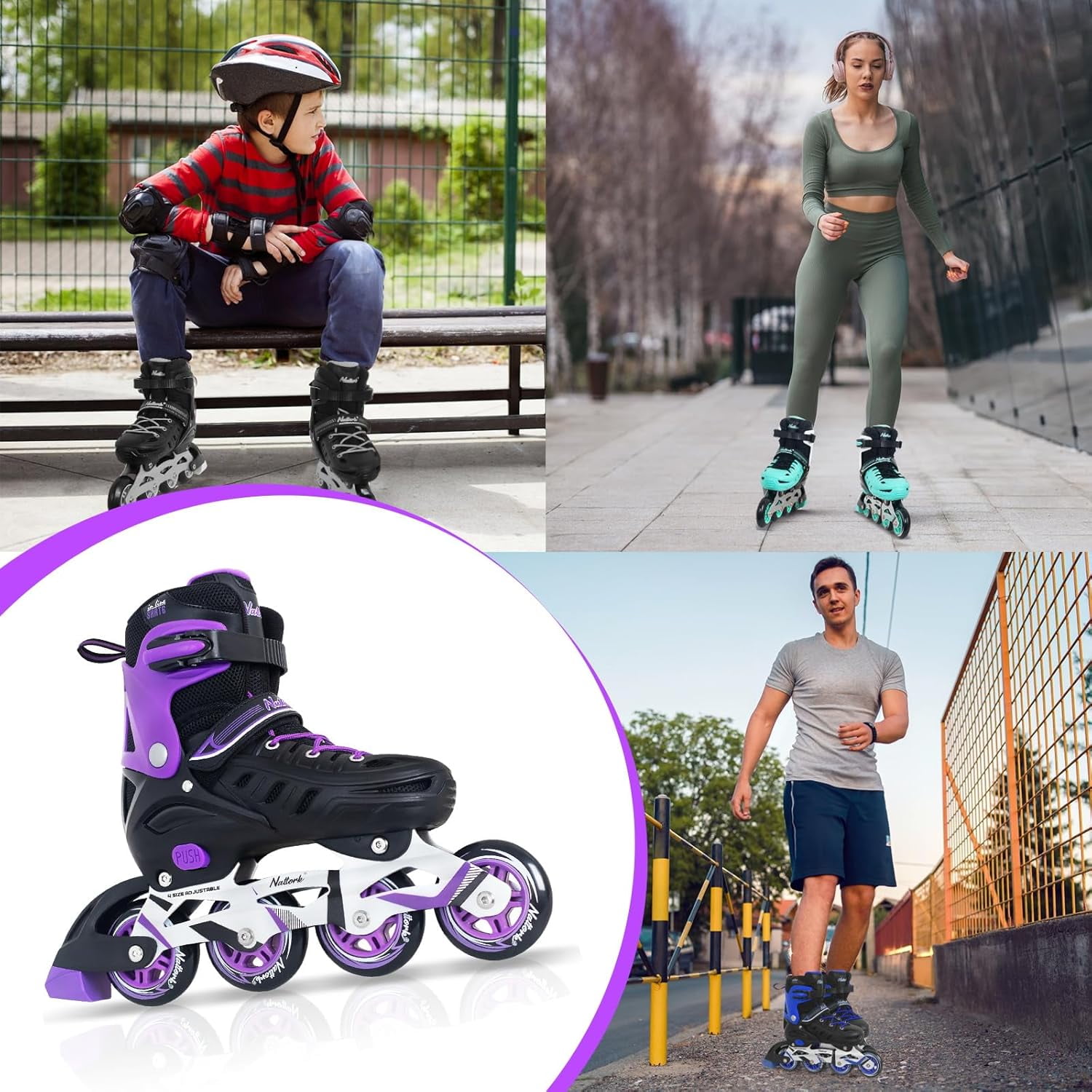 MammyGol Adjustable Inline Skates for Youth & Adults PU Wheels Safety Brake Purple (Teen Boys, Girls, Beginner-Friendly)