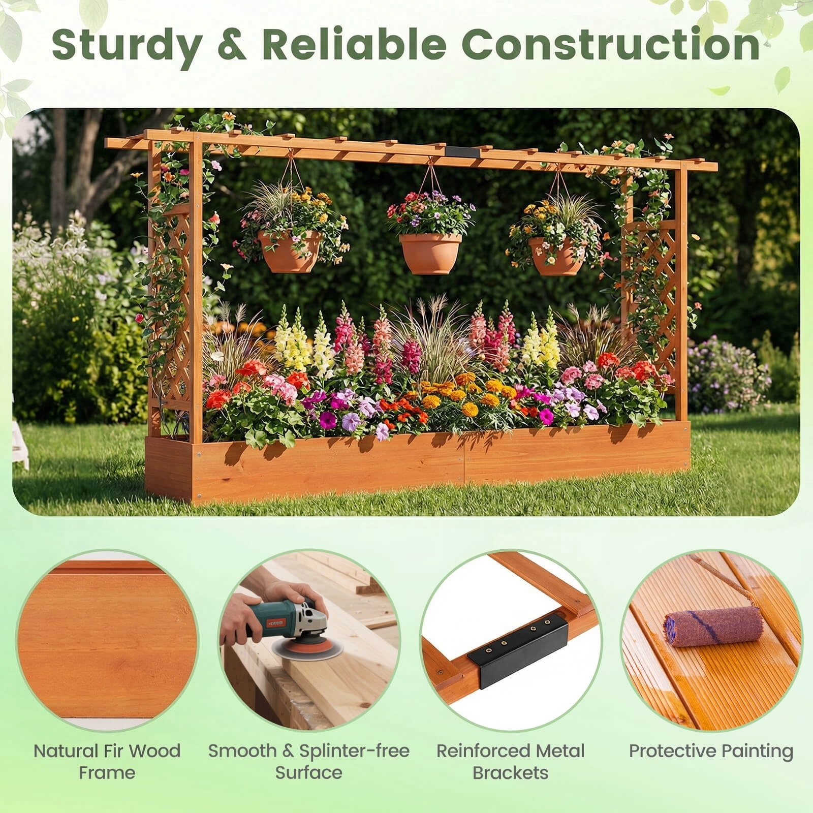 Costway 2 PCS Wooden Raised Garden Bed with Trellis Hanging Roof Drainage Holes for Flowers Orange