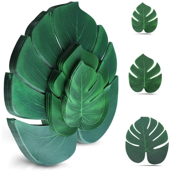 Dalrosia 50PCS Palm Leaves Artificial Tropical Monstera Plant Fake Leaves Birthday Party Supplies,Faux Green Leaf for Hawaiian Beach BBQ Table Decoration 3 Size