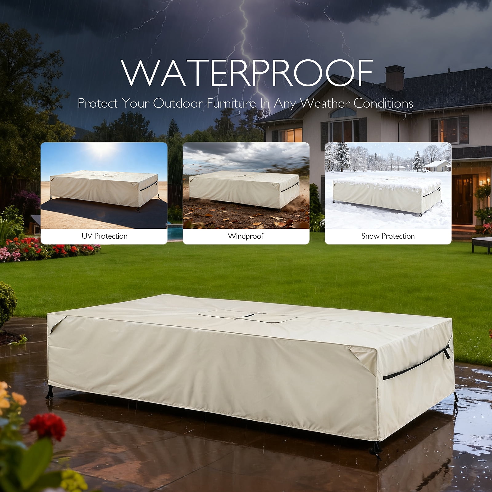 Patio Furniture Covers Waterproof - 420D Outdoor Table and Chair Set Cover with Built-in Storage Bag - Rectangular Patio Table Cover for 4-Seat Dining Set or Sectional Sofa (Beige, 72''x72''x28'')
