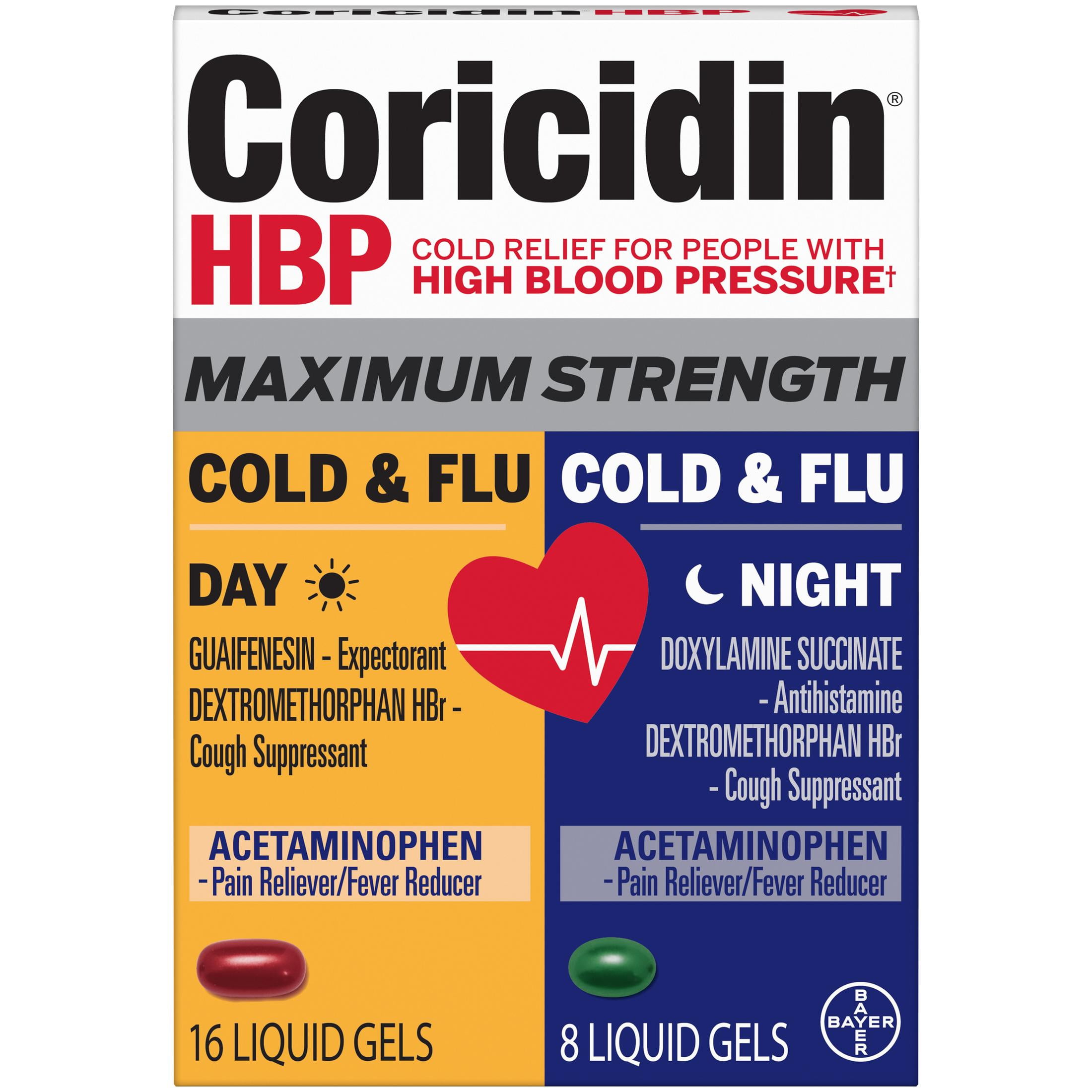 Coricidin HBP Maximum Strength Cold & Flu Medicine, Day+Night, Liquid Gels, 24 Count