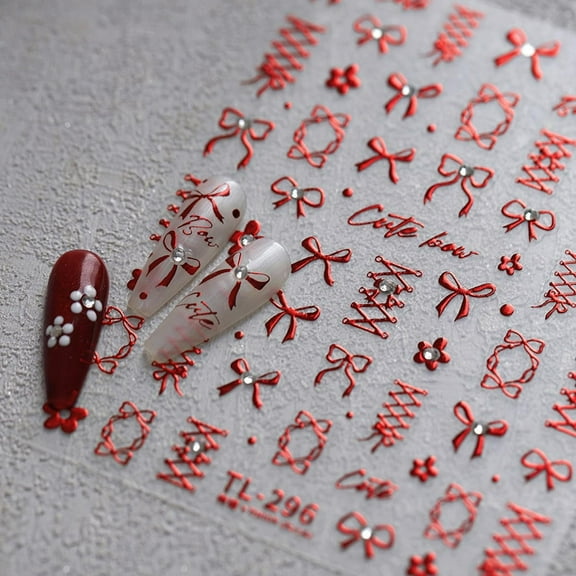 5D Embossed Red Bows Nail Stickers, Nail Art Sticker with Crystal Rhinestones Self-Adhesive Nail Decals for Women Nail Supplies Art Design Stickers
