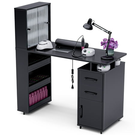 Advwin Manicure Table Nail Desk for Nail Tech with Wrist Cushion Lockable Wheels Electric Downdraft Vent Storage Cabinet & Shelves Black