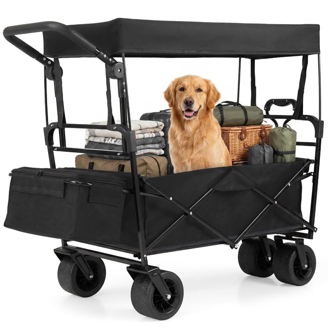 Gymax Collapsible Wagon w/ Removable Canopy Folding Garden Cart w/ Adjustable Handles