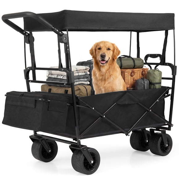 Gymax Collapsible Wagon w/ Removable Canopy Folding Garden Cart w/Adjustable Handles