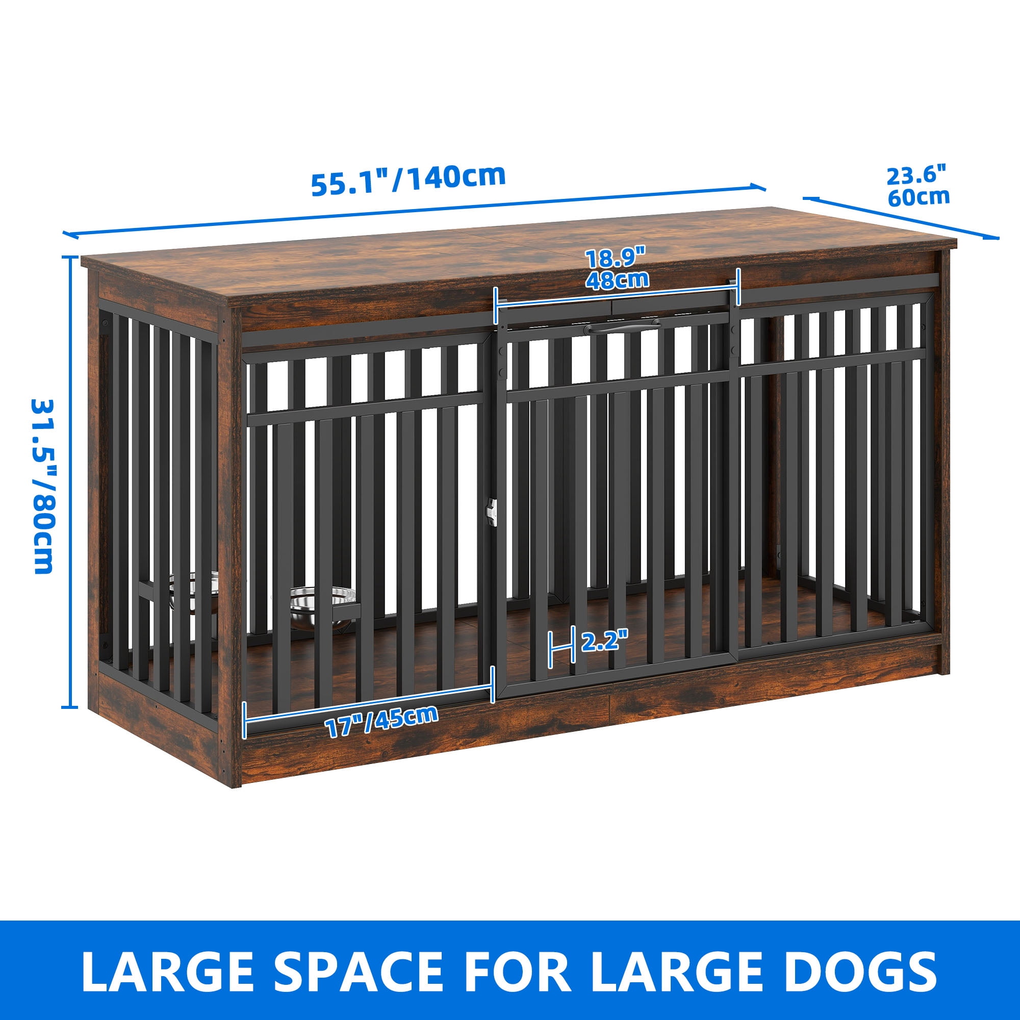 Dextrus Dog Crate Furniture with Sliding Doors, 55.1 In Large Wooden Indoor Dog Kennel Dog Cage Table with Dog Bowl for Medium Extra Large Dogs