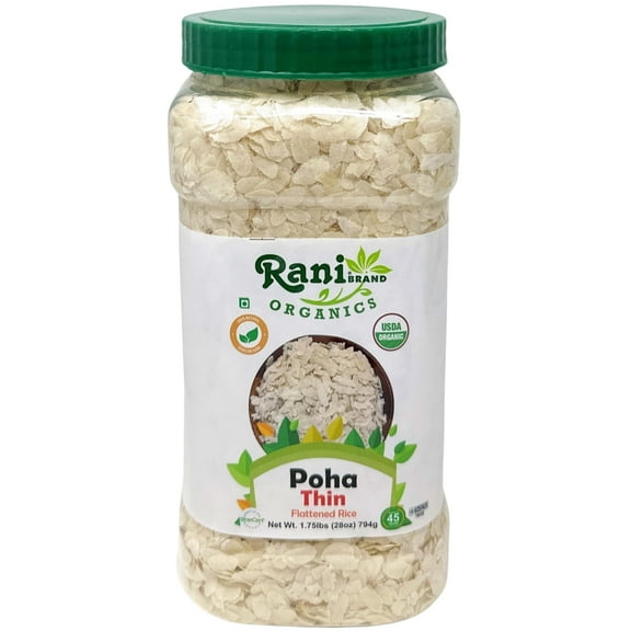 Rani Organic Poha (Powa) Thin Cut (Flattened Rice) 28oz (1.75lbs) 800g PET Jar ~ All Natural, Salt-Free | Vegan | Kosher | No Colors | Gluten Friendly | Indian Origin | USDA Certified Organic