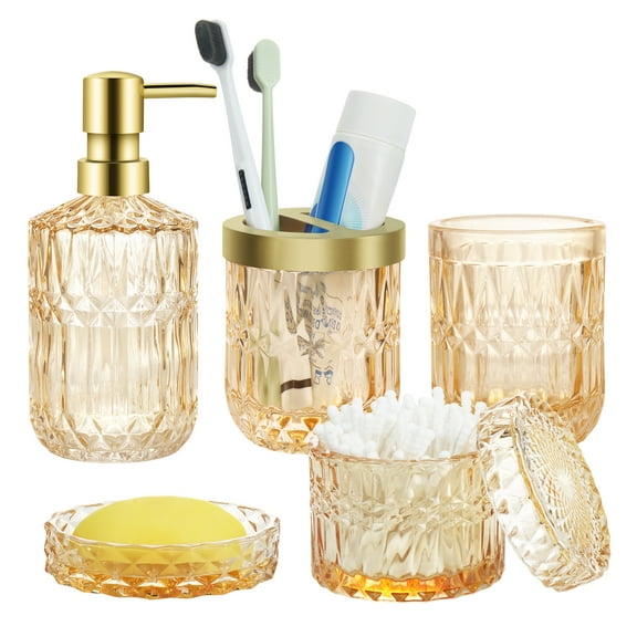 FOUNDLDF 5PCS Glass Bathroom Accessory Complete Set, Modern Bathroom Decor, Golden Bathroom Glass Accessories Set (Lotion Soap Dispenser, Soap Dish, Toothbrush Holder, Tumbler, Cotton Swab Jar)