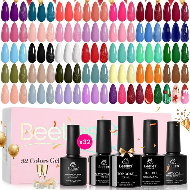Set de esmaltes de uñas en gel Beetles, 36 unidades con capa superior base, 32 colores