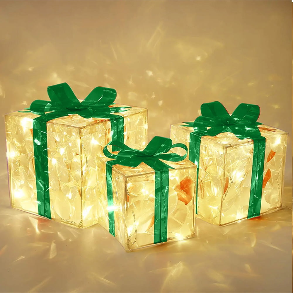 Set of 3 Christmas Glowing Gift Box Ornaments with Bow Under The Tree