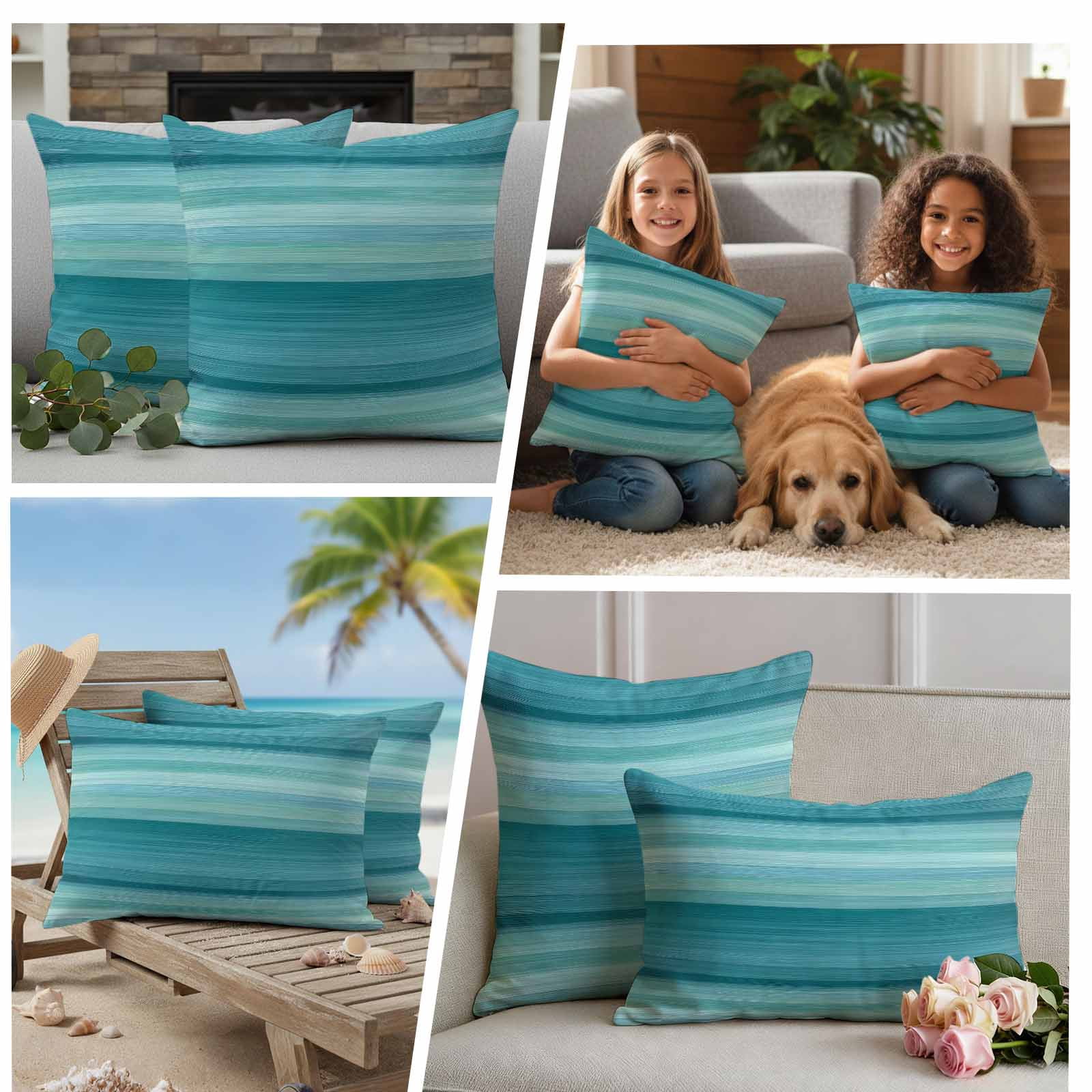 Teal Turquoise Aqua Ombre Outdoor Waterproof Pillow Covers, Contemporary Abstract Lines Decorative Square Throw Pillowcase Sofa Cushion Sham for Patio/Couch/Chair, 20"x20" 2 Pack