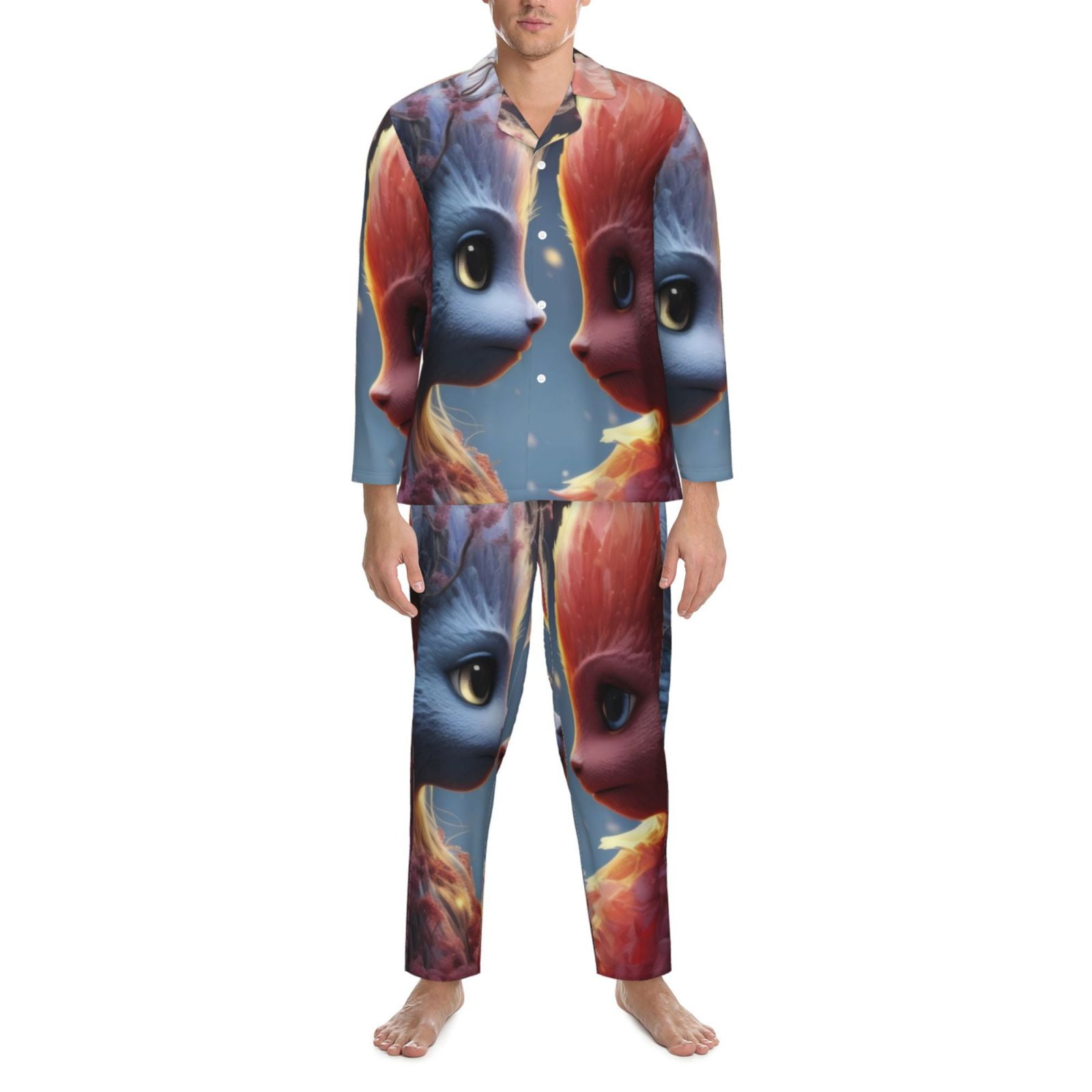 Picia Cute Red And White Elf Pattern Men’s Long-Sleeve Sleepwear Set - Soft 2-Piece Loungewear with Pockets, Comfy PJs for Relaxing Nights-Large