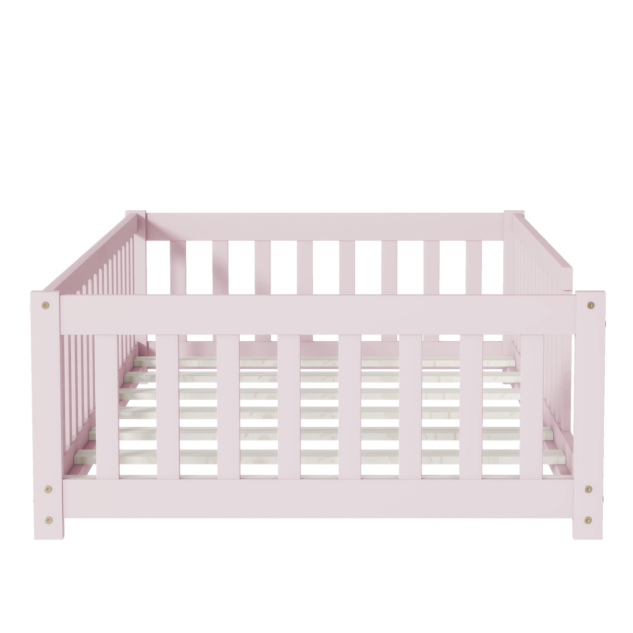 Noble House Nira Twin Size Floor Bed with High Fence, Sturdy Rubber Wood Montessori Bed, Kid's Room, Pink