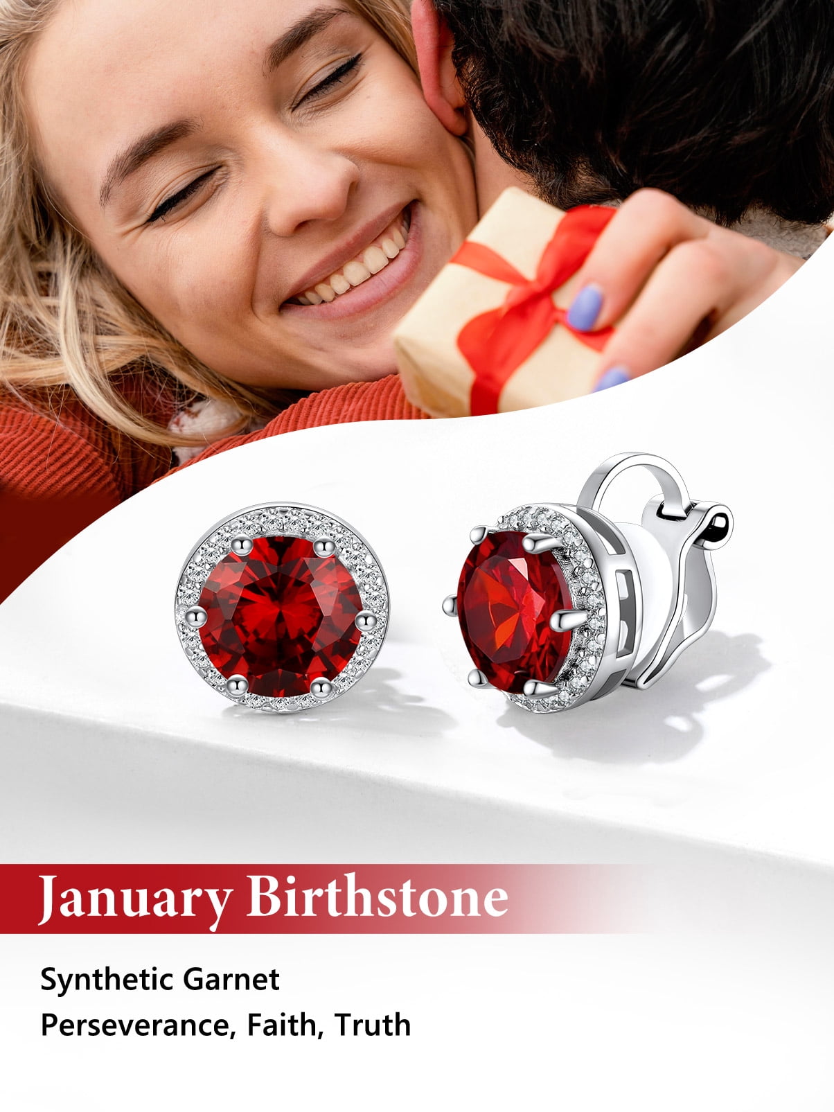 Silvora Sterling Silver Clip on Earrings for Women Round Birthstone Stud Earring Dainty Birthday Christmas Valentines Jewelry Gift, January
